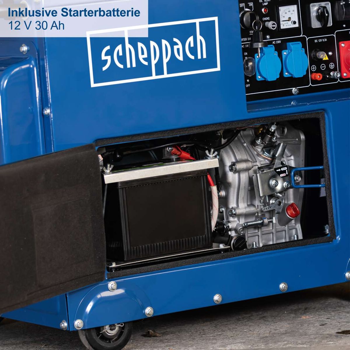 Diesel Stromerzeuger mit 12 V 30 Ah Starterbatterie. Inklusive Elektrostart und Ölstandsanzeige.