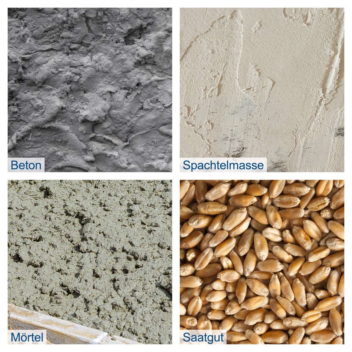 Beton, Spachtelmasse, Mörtel und Saatgut sind die vier Materialien, die mit dem Betonmischer MIX125 von Scheppach gemischt werden können.