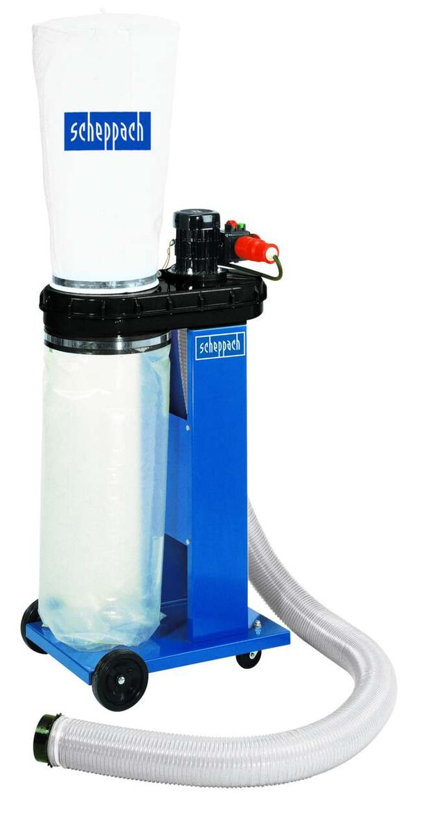 Absauganlage Woova 3.0 von Scheppach, gezeigt von der Seite mit Staubbeutel und Schlauchanschluss.