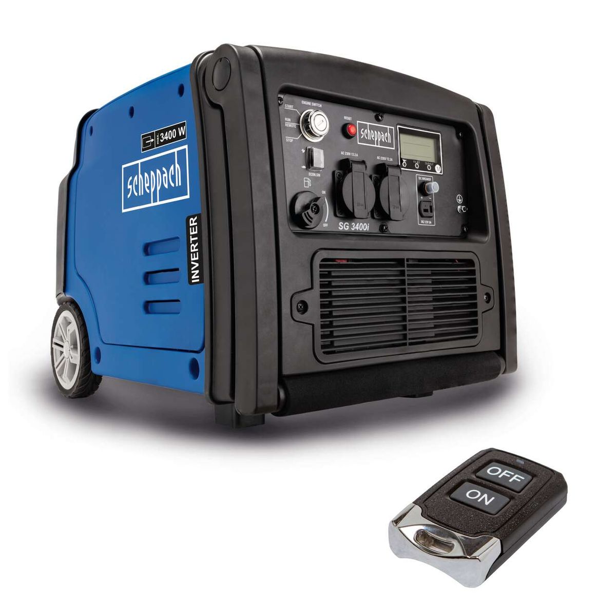 Der Scheppach Inverter SG3400i mit 3400W Leistung, 7,4L Tank und 65,5 dB Lautstärke. Inklusive Fernbedienung zum Ein- und Ausschalten.