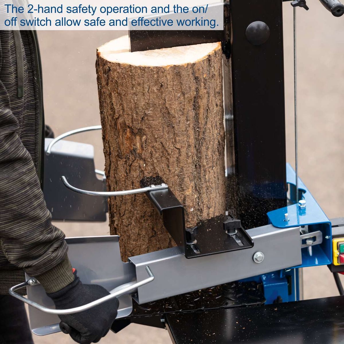 Log splitter featuring dual-hand operation and on/off switch for safe and effective wood splitting