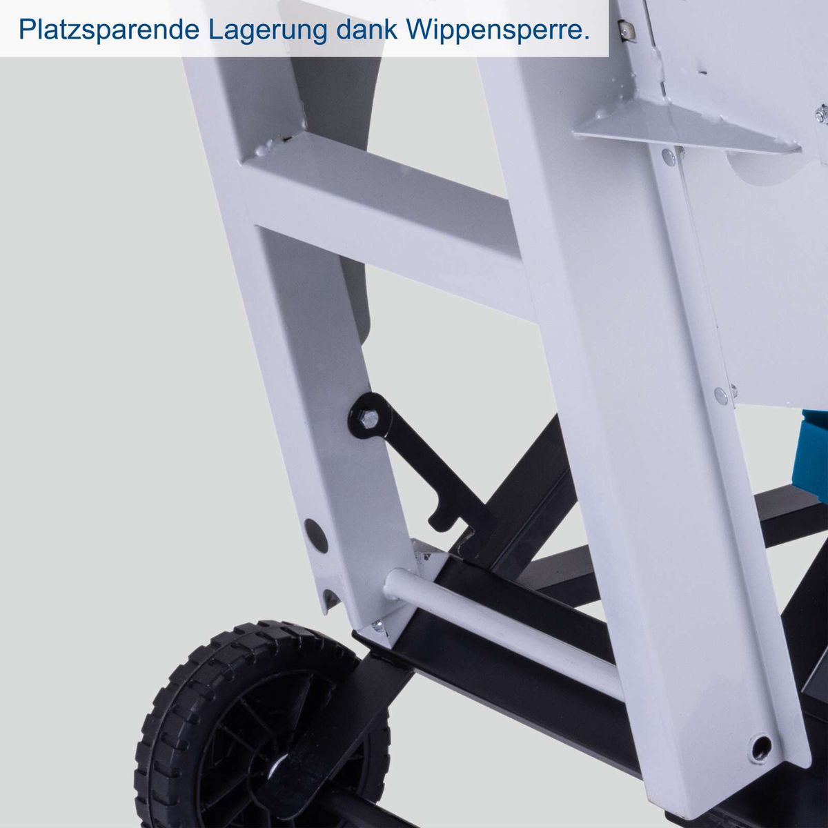 Wippfunktion mit Wippverlängerung für Scheppach-Wippkreissäge, Platzsparende Lagerung dank Wippensperre