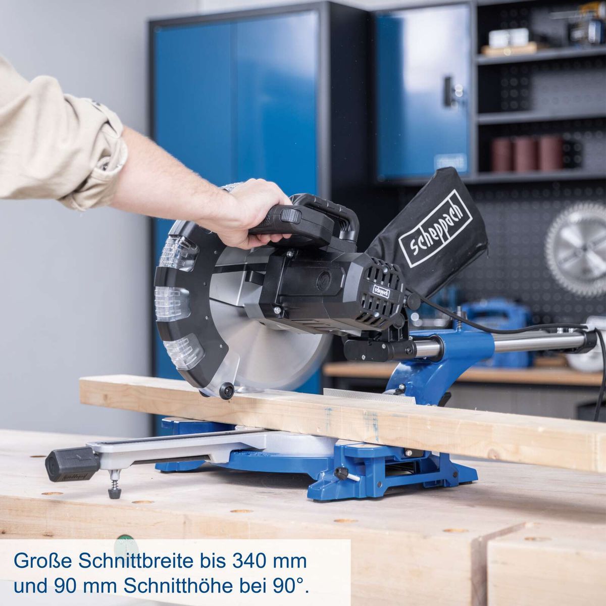 Scheppach-Kapp-, Zug- und Gehrungssäge mit 340 mm Schnittbreite und 90 mm Schnitthöhe bei 90°