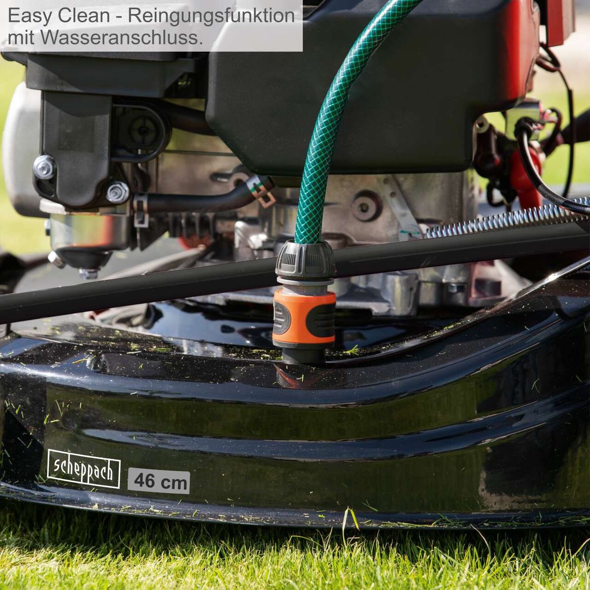 Wasseranschluss für Reinigungsfunktion an Scheppach-Benzinrasenmäher (51 cm Schnittbreite)