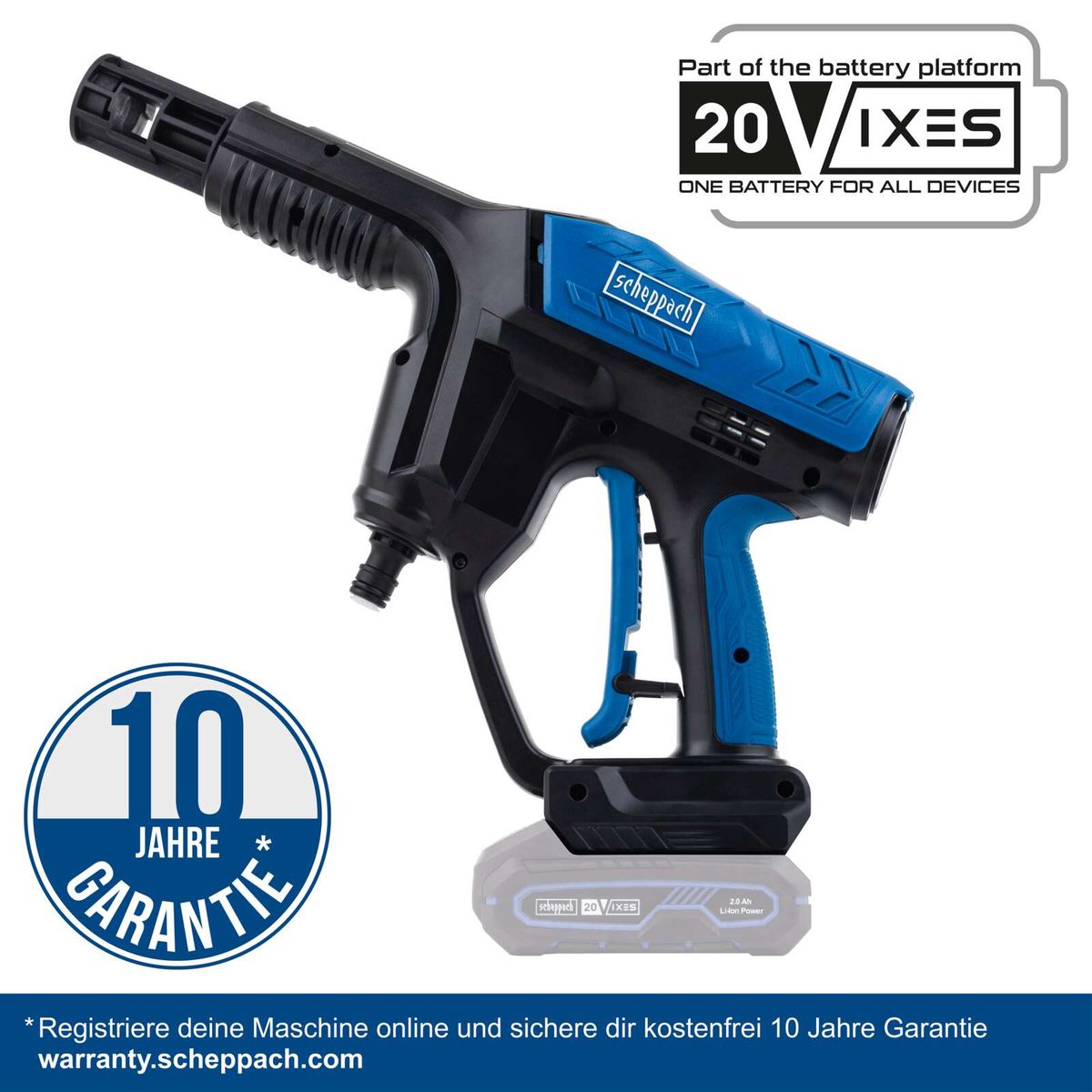 Akku-Hochdruckreiniger mit 10-jähriger Garantie, inkl. 2,4-Ah-Lithium-Akku und 2,4-A-Ladegerät, Scheppach 20V-Modell