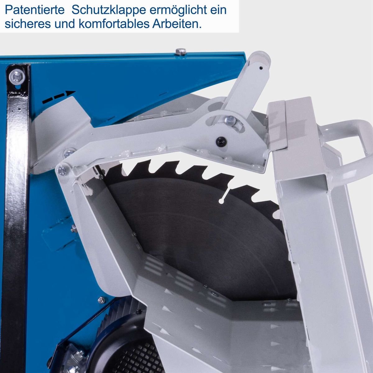 Patentierte Schutzklappe ermöglicht sicheres und komfortables Arbeiten. Wippkreissäge HS550 Scheppach mit 3000 W und 400V, Schnittlänge 30-100 cm, HW-Sägeblatt 505mm, Wippenverlängerung und Absaugvorrichtung.