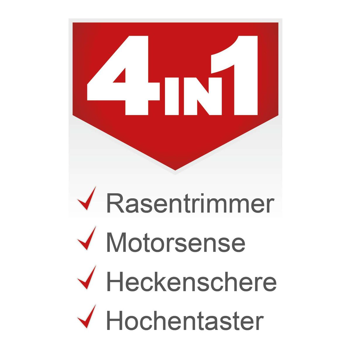 Werkzeug mit den Funktionen Rasentrimmer, Motorsäge, Heckenschere und Hochentaster