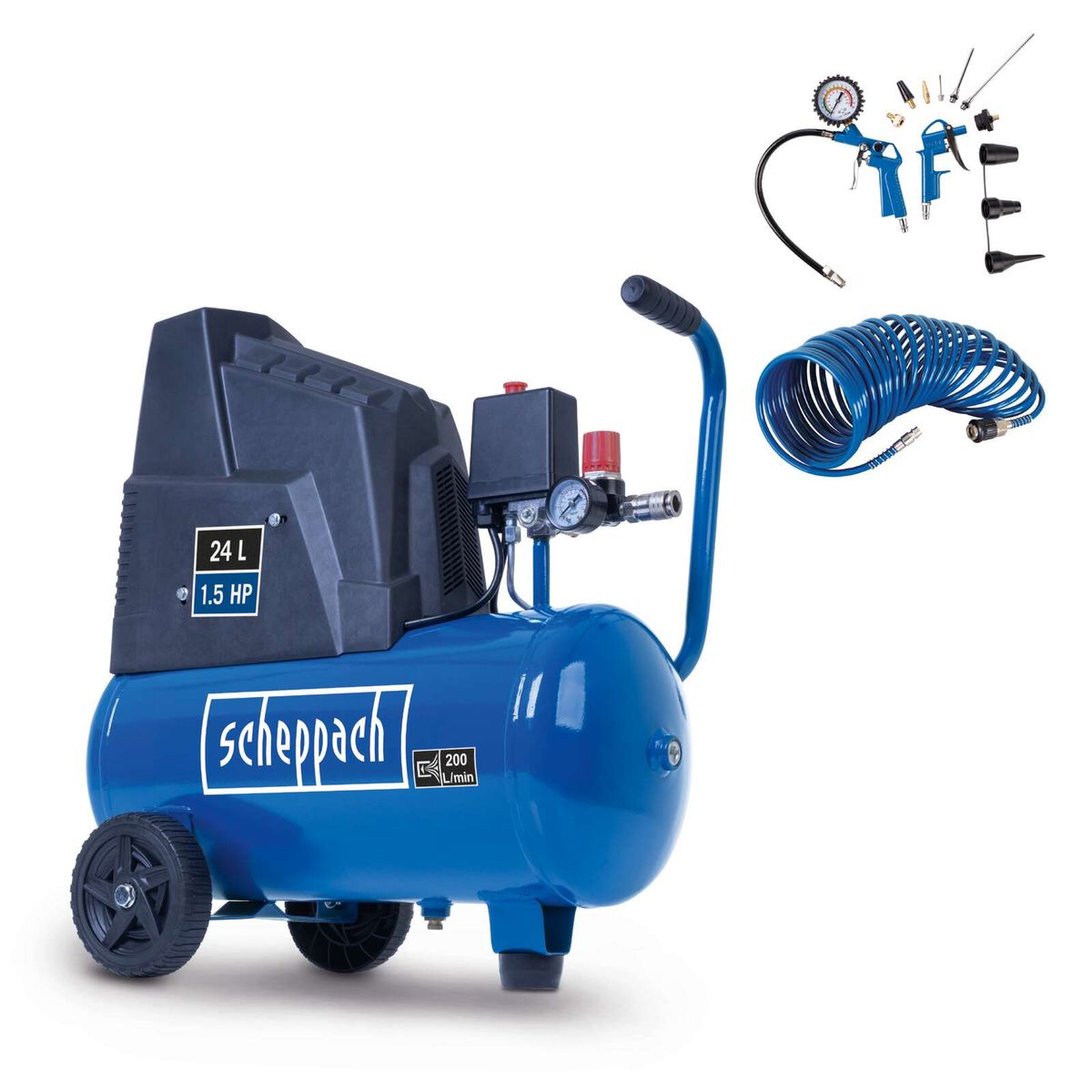Scheppach Kompressor HC300 mit 24 Liter Tank, 1,5 PS Leistung, 200 Liter pro Minute, inklusive 5 Meter Schlauch und Zubehörset. Ölfrei und 8 Bar Druck.