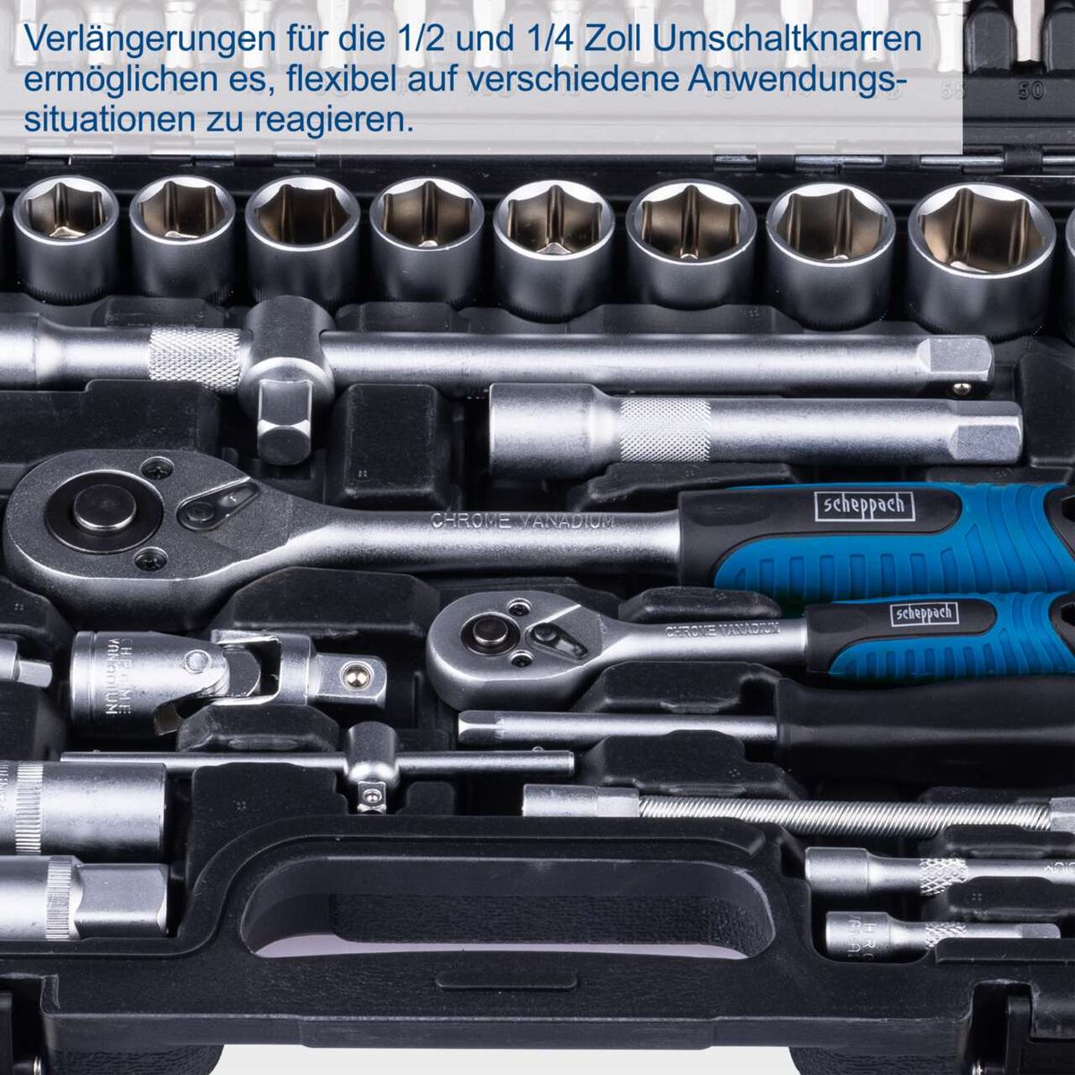 Verlängerungen für 1/2 und 1/4 Zoll Umschaltknarren ermöglichen flexible Reaktion auf verschiedene Anwendungssituationen.