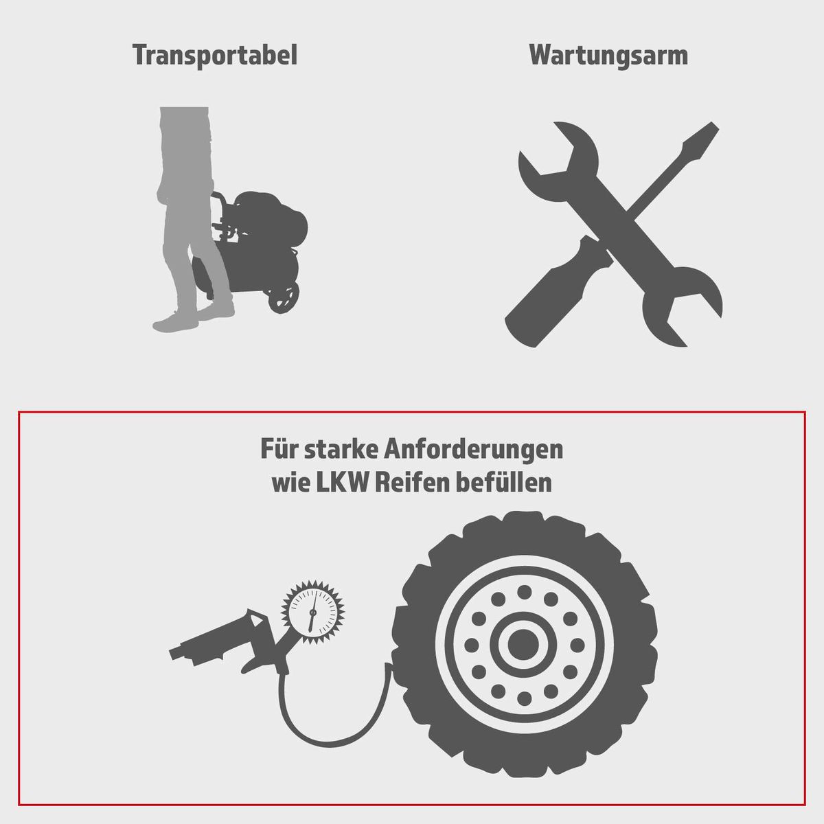 Der Scheppach Reifendruckprüfer ist für starke Anforderungen wie das Befüllen von LKW-Reifen geeignet. Er verfügt über einen Transporttabel und einen Wartungsarm.
