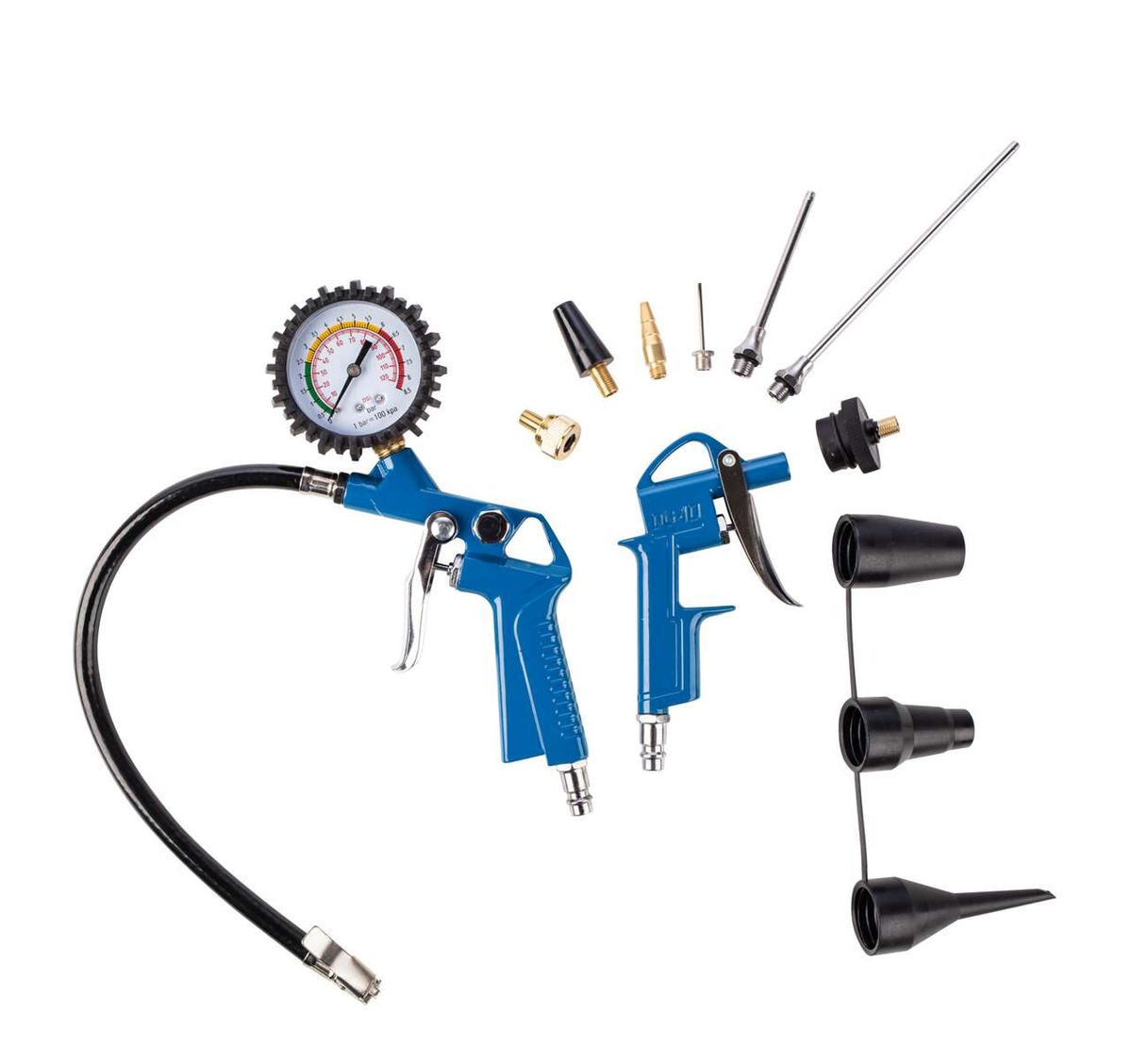 Druckluftzubehörset mit Manometer und Ausblaspistole. Gezeigt von vorne.