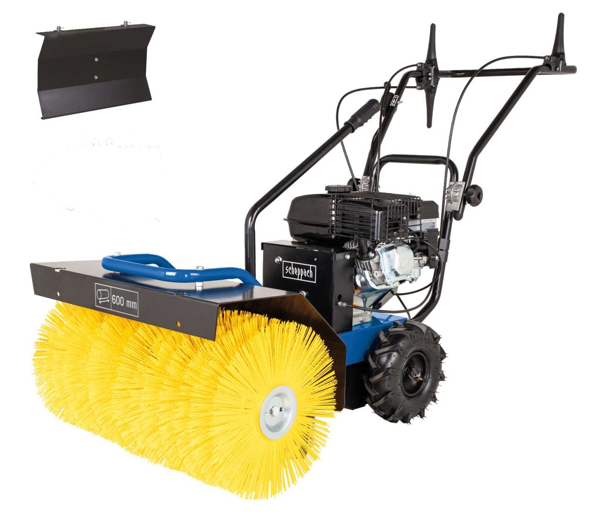 Scheppach Schneeräumgerät mit 600 mm Arbeitsbreite, inklusive Schneeschild. Robustes Design für effizientes Räumen.