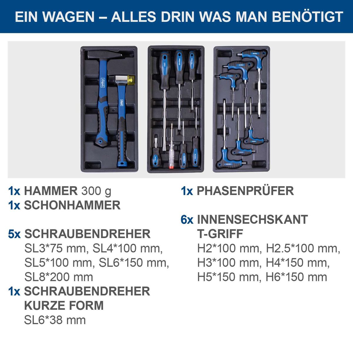 Der Werkstattwagen TW1150 von Scheppach enthält: 1 Hammer (300 g), 1 Schonhammer, 5 Schraubendreher (verschiedene Größen), 1 kurzer Schraubendreher, 1 Phasenprüfer und 6 Innensechskant-T-Griff-Tools (verschiedene Größen).