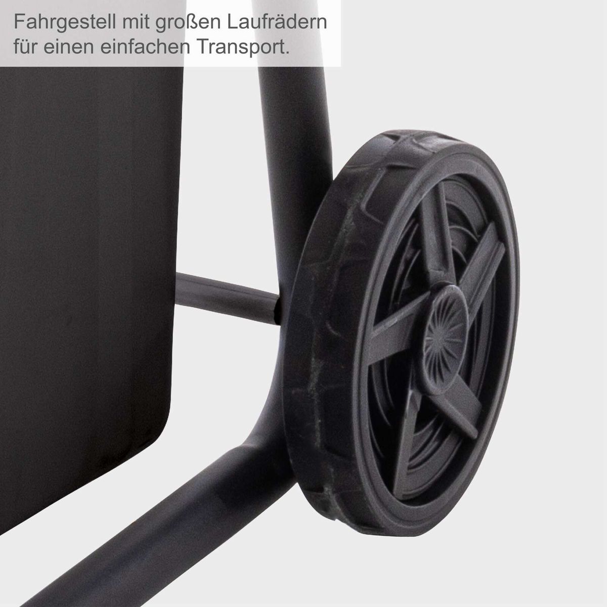 Fahrgestell mit großen Laufrädern für einen einfachen Transport. Die Räder sind robust und ermöglichen eine einfache Bewegung des Geräts.