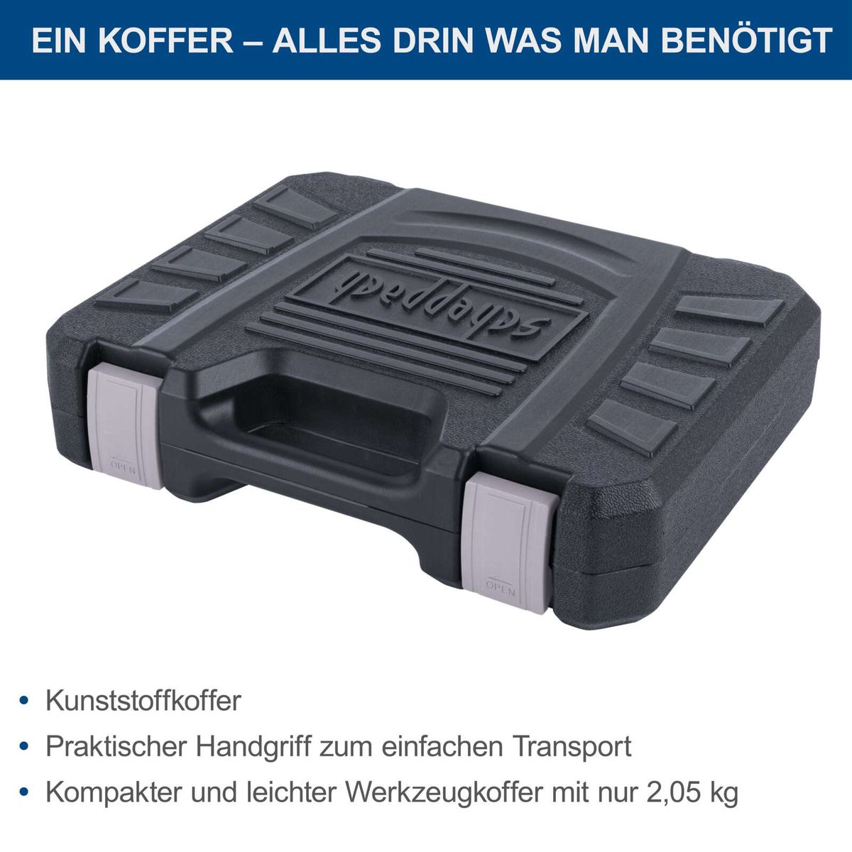 Der Werkzeugkoffer WZK49 von Scheppach ist aus Kunststoff, hat einen praktischen Handgriff für einfachen Transport und ist mit nur 2,05 kg kompakt und leicht.