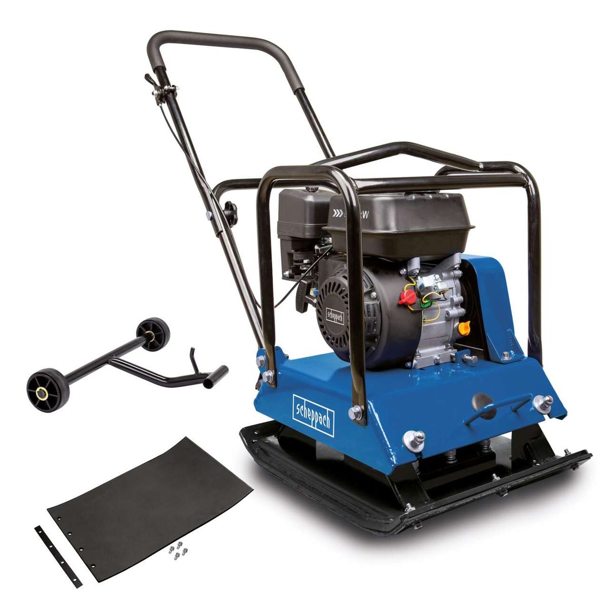 Scheppach Benzin Rüttelplatte HP2200S mit 25 kN, 6.5PS, 102 kg und 35cm Verdichtungstiefe. Inklusive Ersatzplatte und Handgriff.