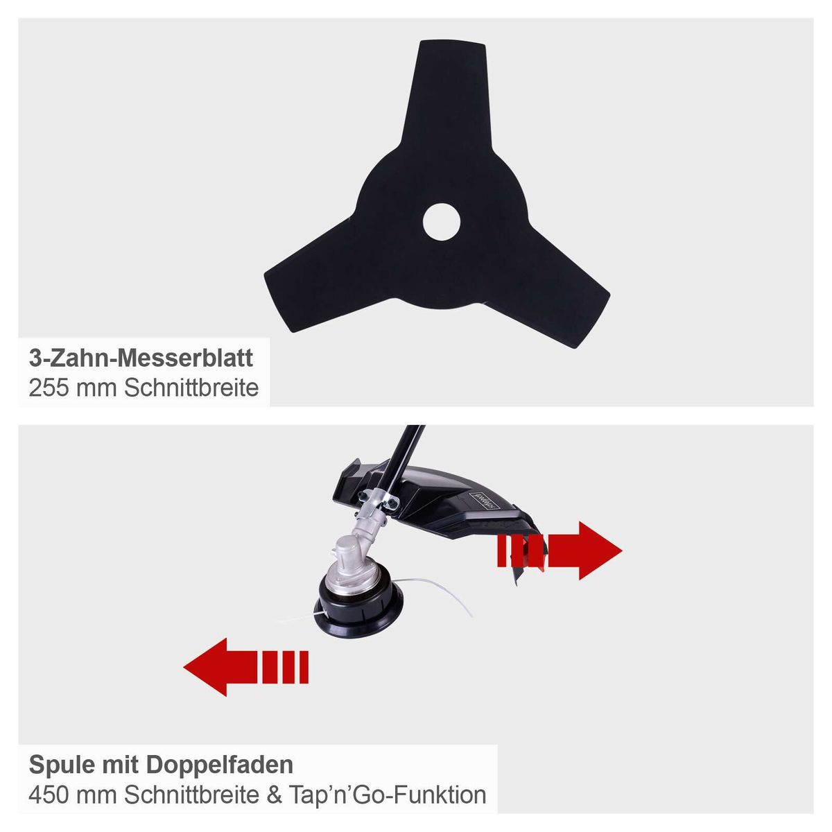 Freischneider mit 3-Zahn-Messerblatt (255 mm Schnittbreite) und Spule mit Doppelfaden (450 mm Schnittbreite & Tap’n’Go-Funktion).