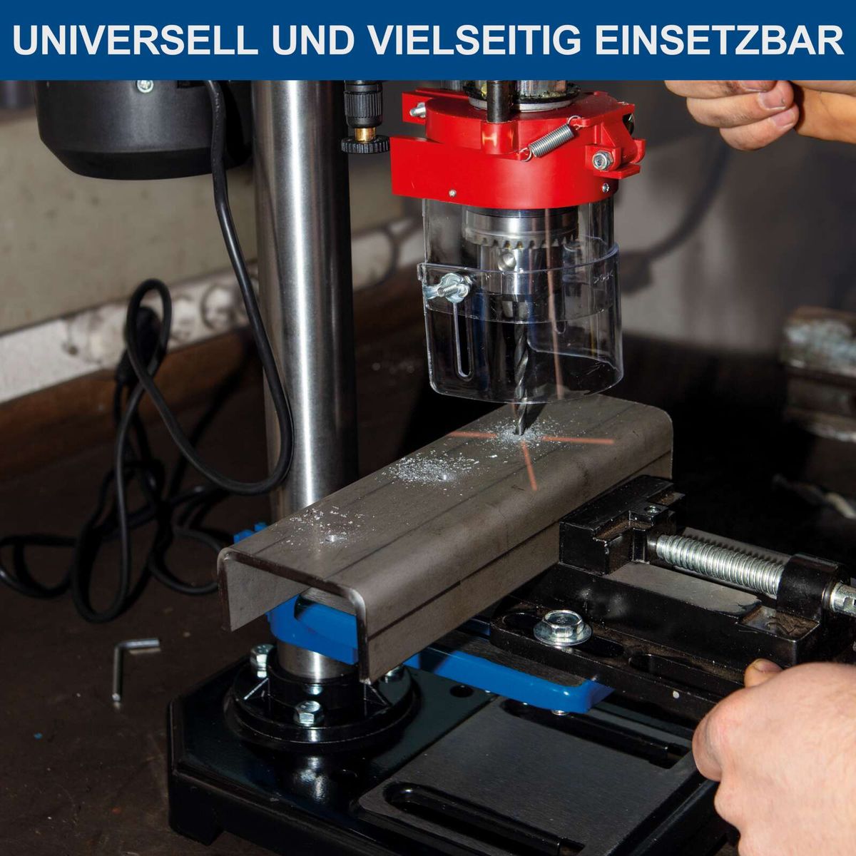 Tischbohrmaschine mit integriertem Laser und Schraubstockhalterung für präzise Bohrungen und Ausrichtung