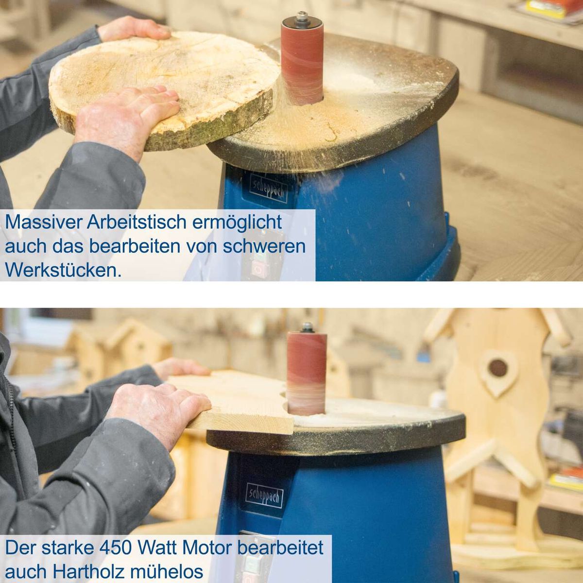 Die Spindelschleifmaschine OSM100 von Scheppach verfügt über einen massiven Arbeitstisch, der auch das Bearbeiten von schweren Werkstücken ermöglicht. Der starke 450 Watt Motor bearbeitet auch Hartholz mühelos.