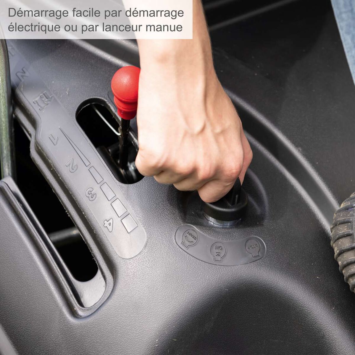 The product features easy starting via electric starter or manual pull cord. The lever is equipped with a red handle for easy gripping.