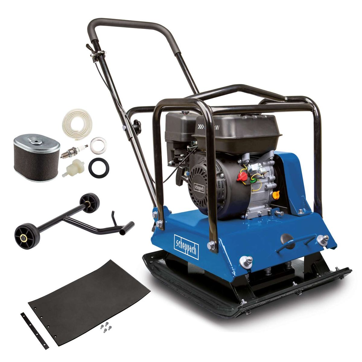 Wartungskit für Scheppach-Plattenrüttelmaschine mit Ersatzteilen und Zubehörteil für Wartung und Reparatur.