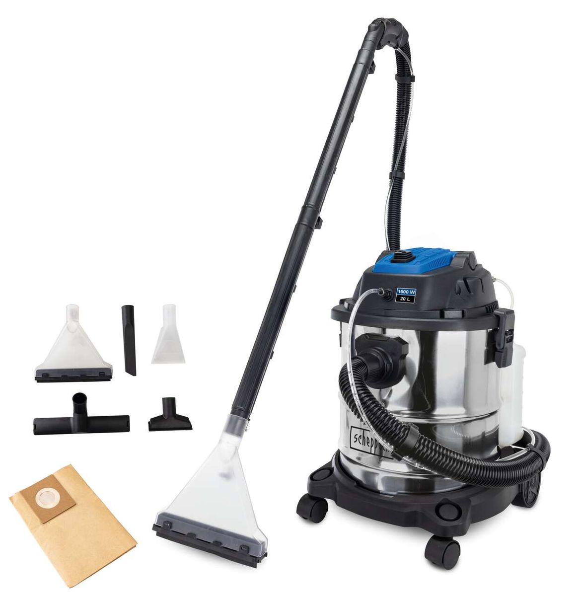 Sprüh- und Waschsauger SprayVac20 von Scheppach mit Zubehör. Gezeigt von der Seite.