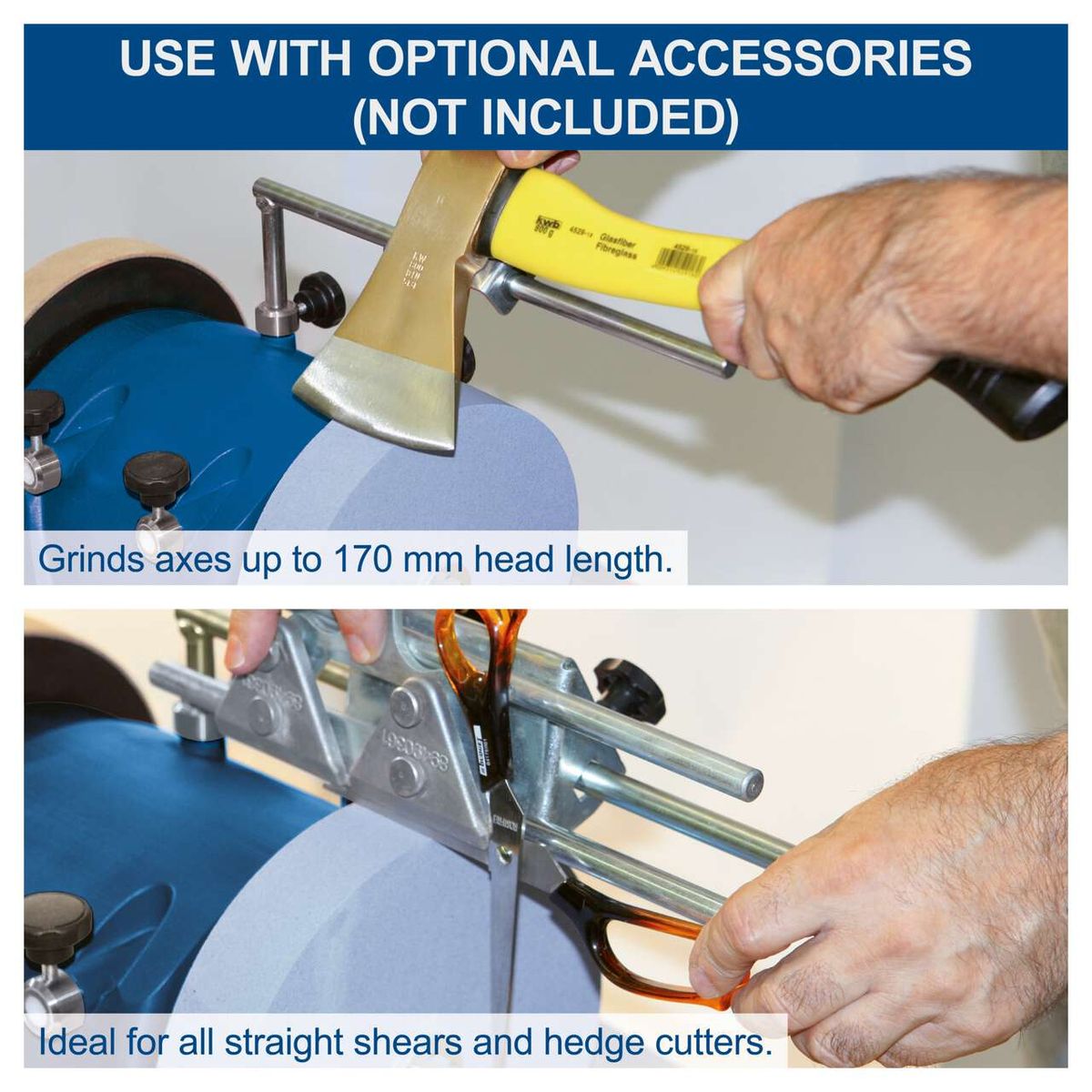 The Scheppach TIGER 2000S wet grinding system grinds axes up to 170 mm head length and is ideal for straight shears and hedge cutters. It is used with optional accessories that are not included.