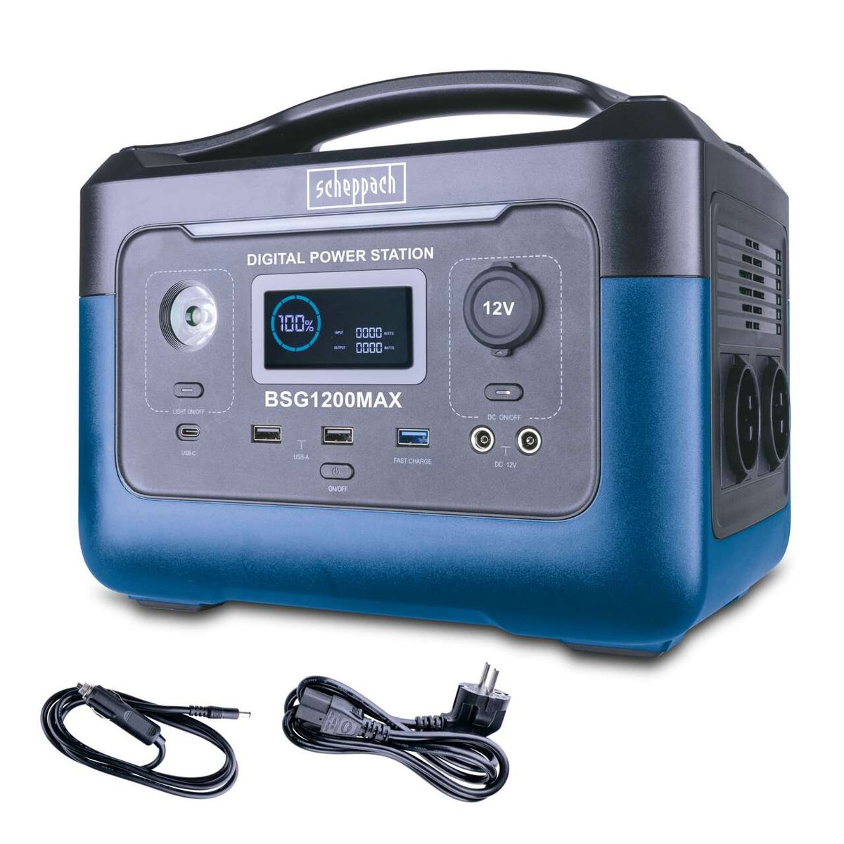 Die Scheppach Powerstation BSG1200MAX verfügt über ein digitales Display, USB-Anschlüsse, eine 12V-Buchse, eine integrierte LED-Lampe und einen Netzanschluss. Sie bietet schnelles Laden und zeigt den Ladezustand an.