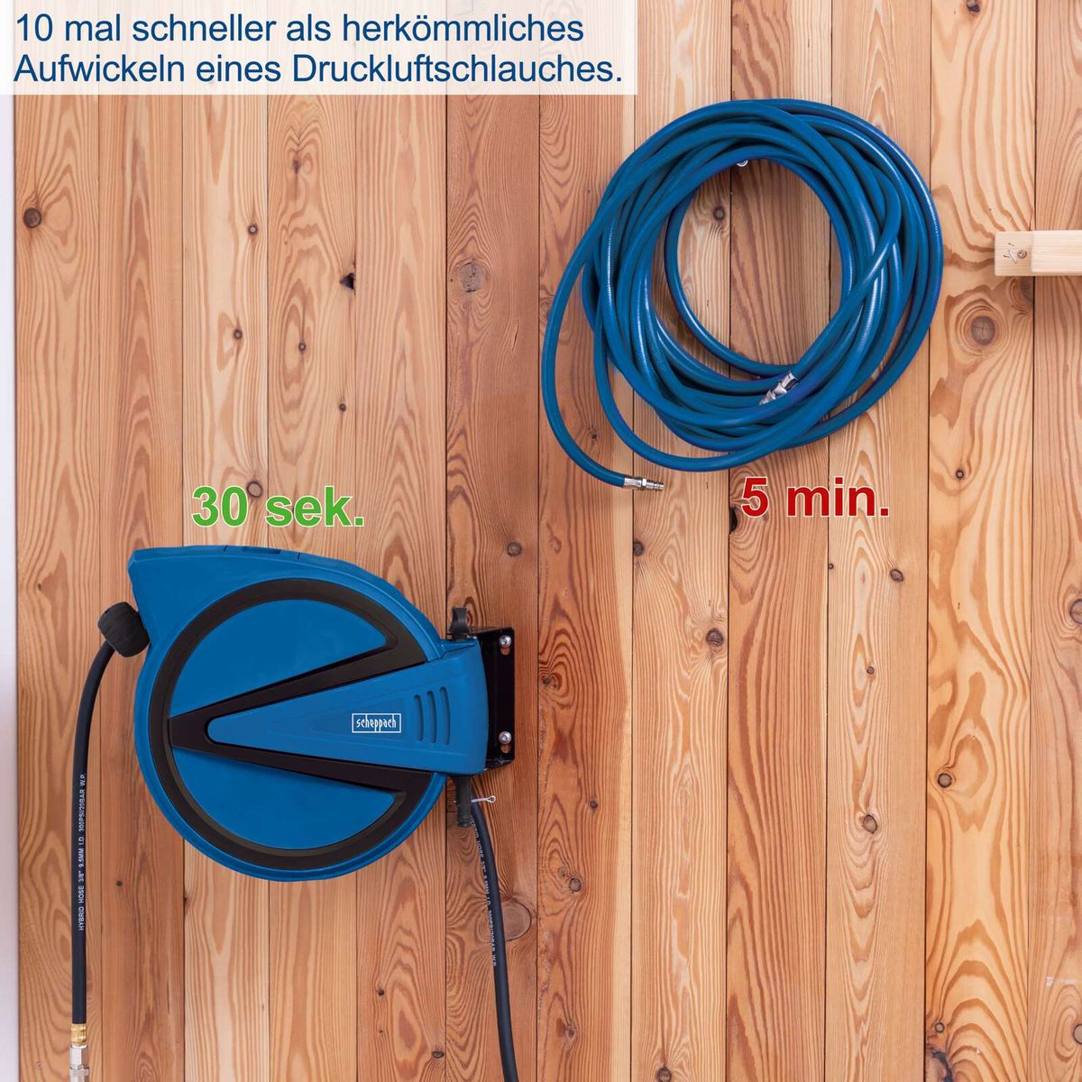 Die Scheppach Automatik Druckluft Schlauchtrommel AHR15 wickelt den Schlauch in nur 30 Sekunden auf, was 10 Mal schneller ist als das herkömmliche Aufwickeln, das 5 Minuten dauert.