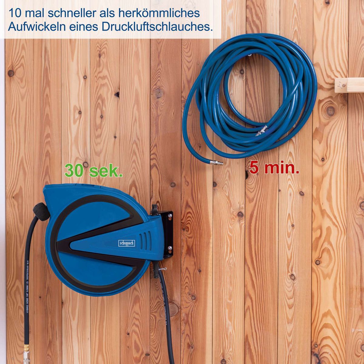 Automatische Druckluftschlauchtrommel mit Vergleich der Aufrollzeit (30 Sekunden vs. 5 Minuten) für schnelle Bereitstellung des Schlauchs.