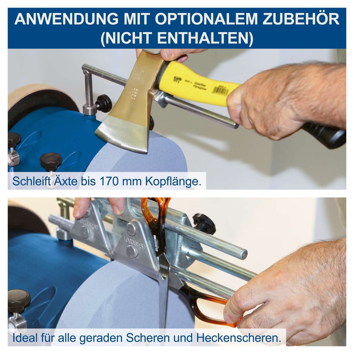Nassschleifsystem mit Anleitung zur Schleiflänge von Äxten auf 170 mm Kopfhöhe