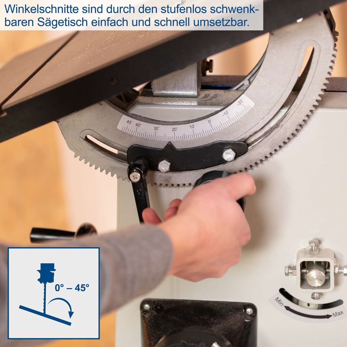 Die Bandsäge BASA3 von Scheppach ermöglicht stufenlose Winkelverstellung von 0° bis 45° für präzise Schnitte. Der Sägetisch ist einfach und schnell schwenkbar.