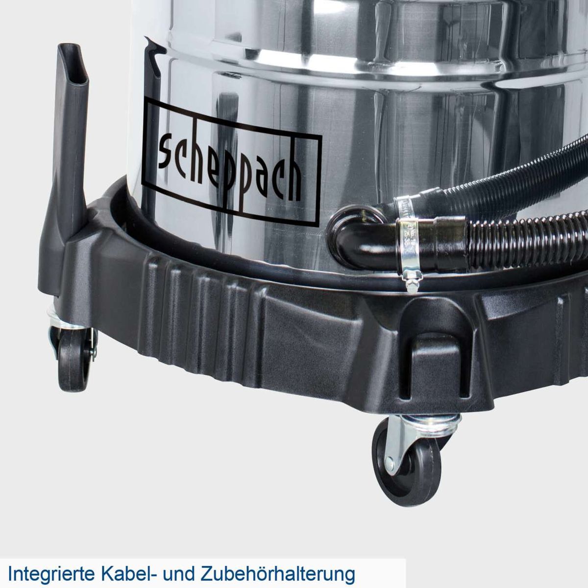 Der Nass- und Trockensauger ASP50-ES von Scheppach verfügt über eine integrierte Kabel- und Zubehörhalterung für einfache Handhabung und Organisation.