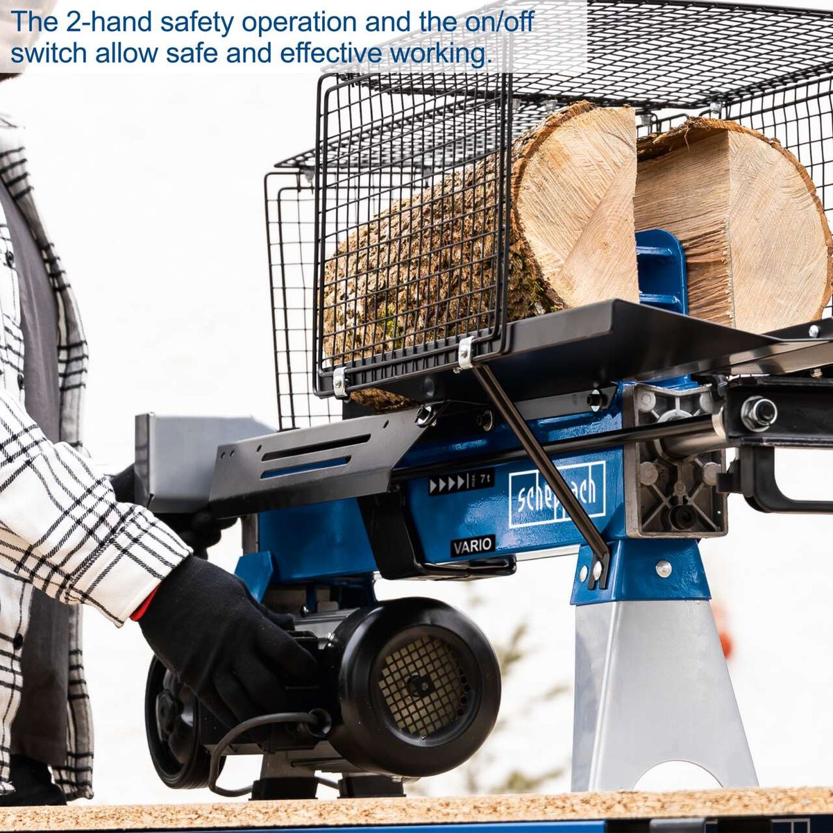 Horizontal log splitter with dual-hand operation and on/off switch for safe use