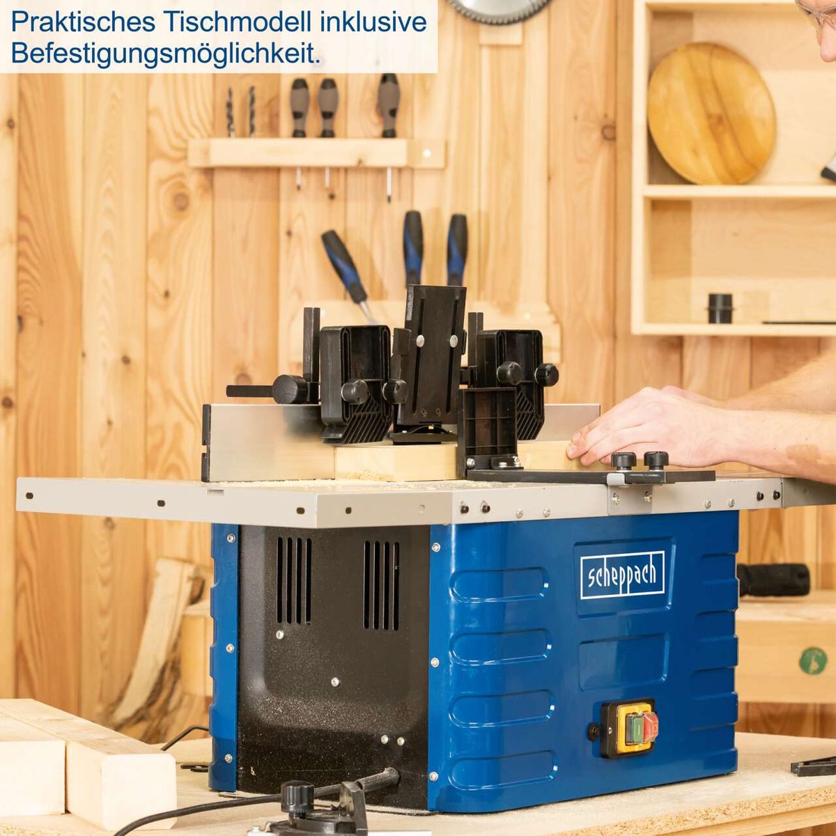 Scheppach Tischfräsmaschine mit praktischem Tischmodell und Befestigungsmöglichkeiten für Spannzangen