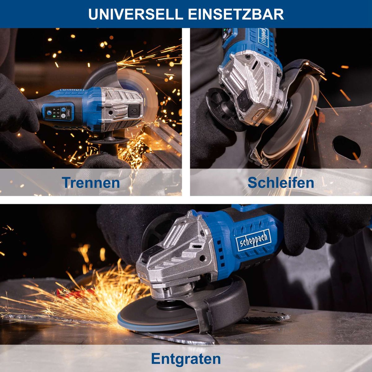 Universal-Akku-Winkelschleifer mit Funktionen für Trennen, Schleifen und Entgraten
