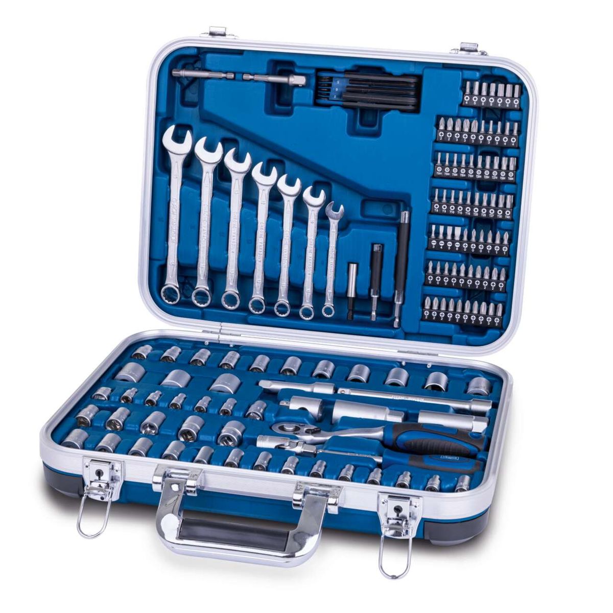 Der Werkzeugkoffer TB170 von Scheppach enthält 135 Teile, darunter verschiedene Stecknüsse, Ratschen, Nussaufsätze und Bits. Das Set ist ideal für Heimwerker und bietet eine breite Auswahl an Werkzeugen für verschiedene Anwendungen.
