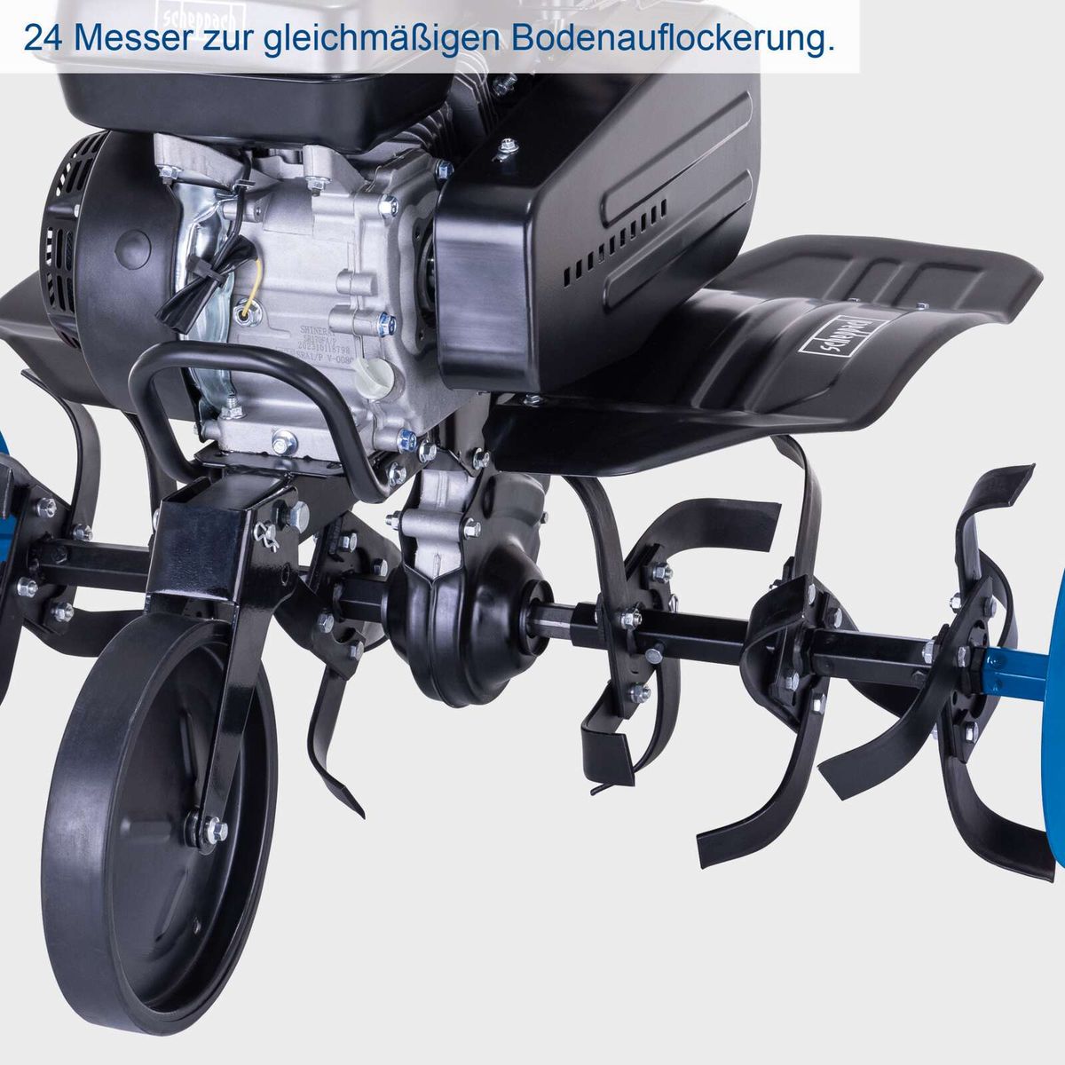 Scheppach-Motorhacke mit 24 Messern für gleichmäßige Bodenlockerung, 315 mm Durchmesser