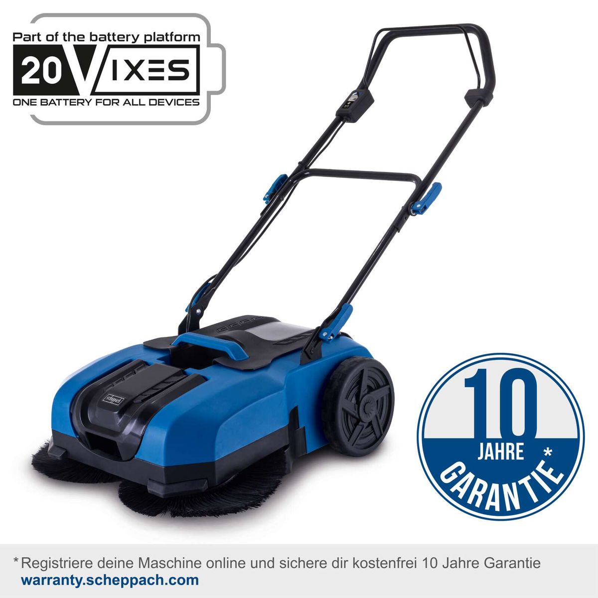 Die Akku-Kehrmaschine C-S610-X von Scheppach bietet eine Arbeitsbreite von 610 mm, eine Flächenleistung von 2000 m², dreistufige Bürstengeschwindigkeit und einen 20-Liter-Schmutzbehälter. Mit 10 Jahren Garantie bei Online-Registrierung.