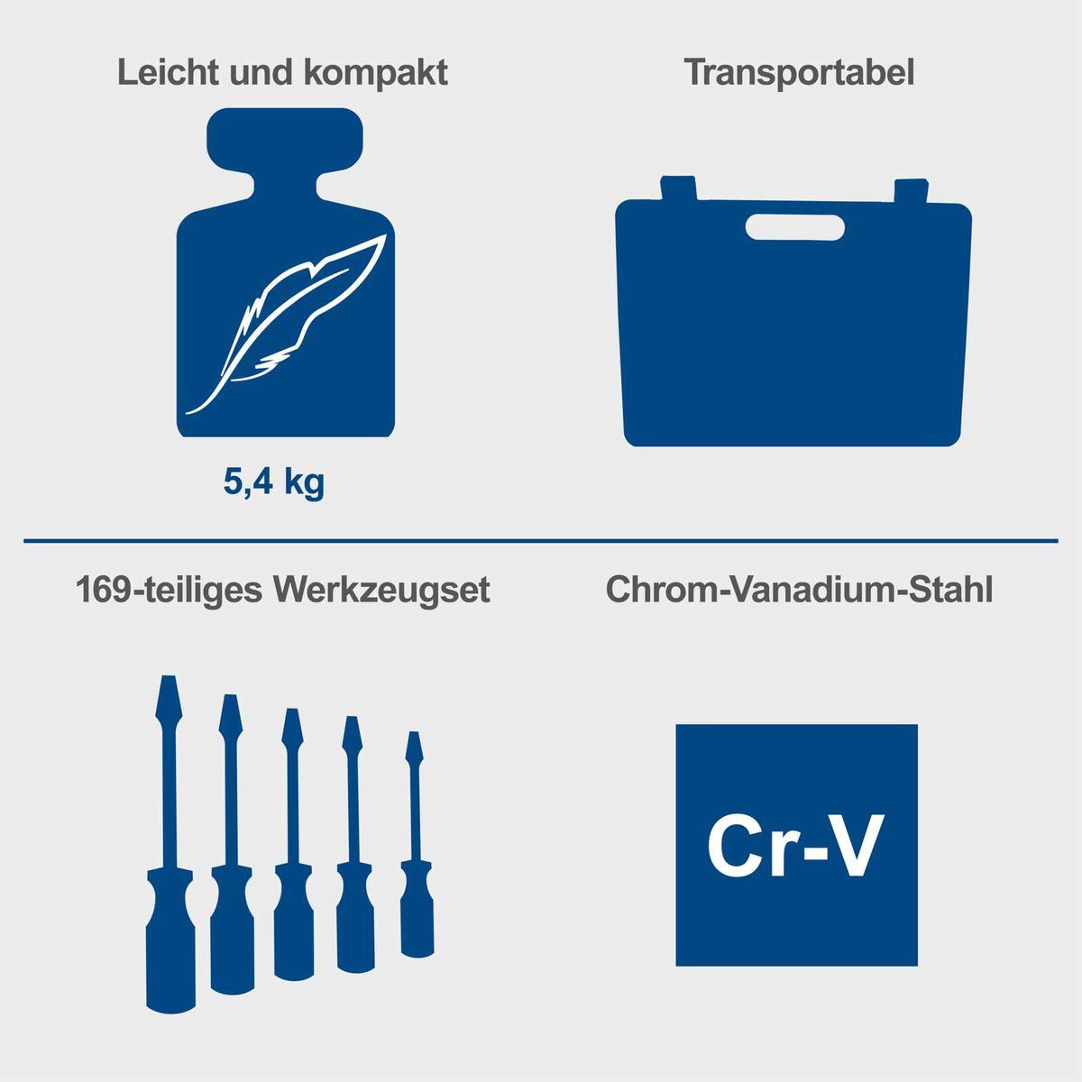 169-stückiges Werkzeugset mit Chrom-Vanadium-Stahl-Tools und stabilem Kunststoffkoffer (5,4 kg) – leicht und transportabel