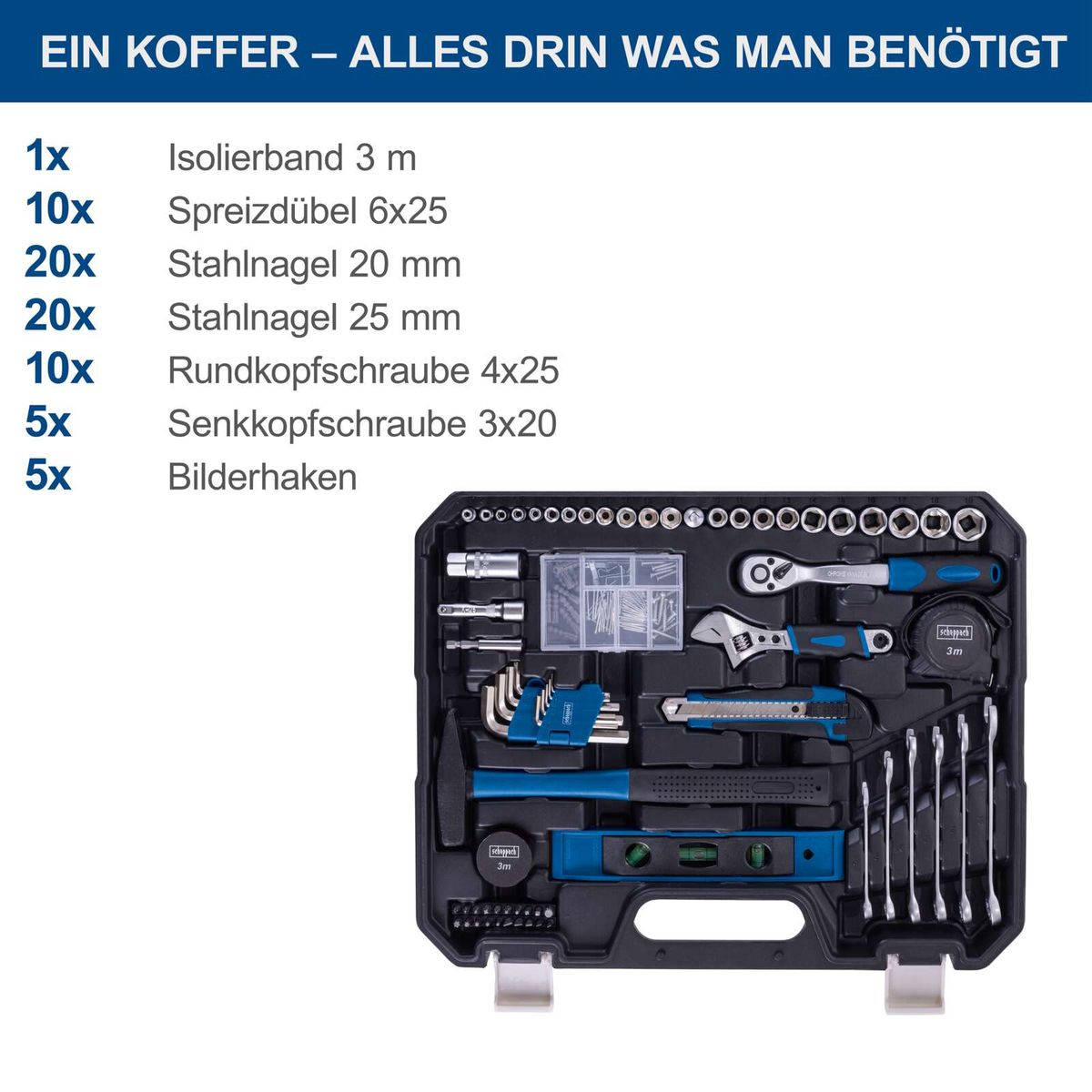 Werkzeugkoffer mit Isolierband, Nägeln, Schrauben und Bildhaken für DIY-Projekte; inkl. Werkzeugkomplettset mit praktischen Werkzeugen und Organisationsboxen