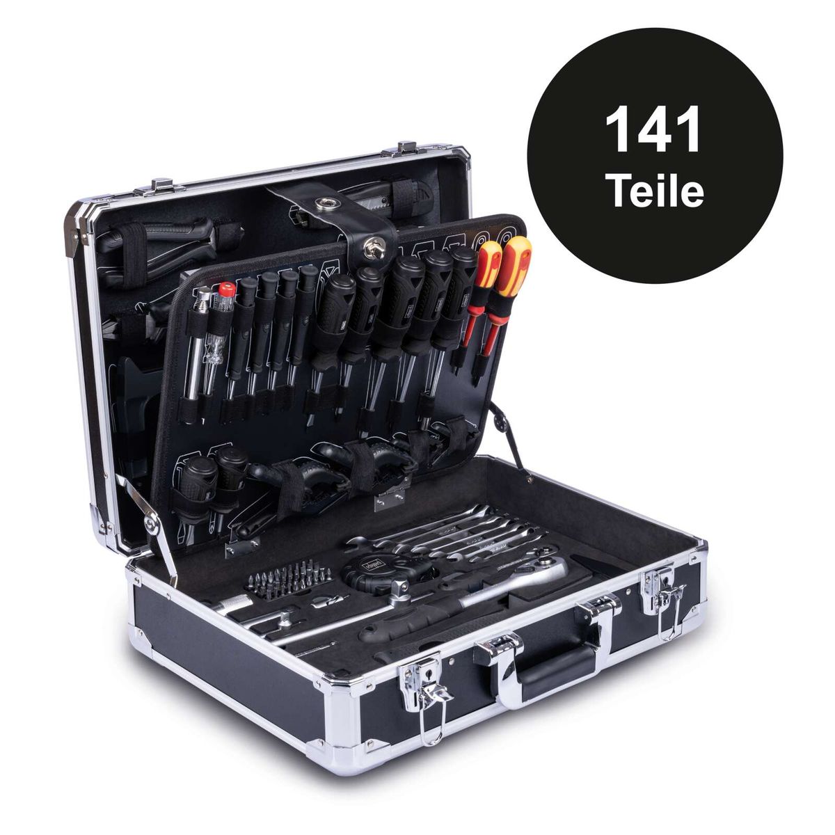 Der Werkzeugkoffer WZB200-BE von Scheppach enthält 141 Teile, darunter Schraubenschlüssel, Hammer, Zange und Schraubenzieher. Der robuste Aluminiumkoffer bietet praktische Aufbewahrung für die Werkstatt.