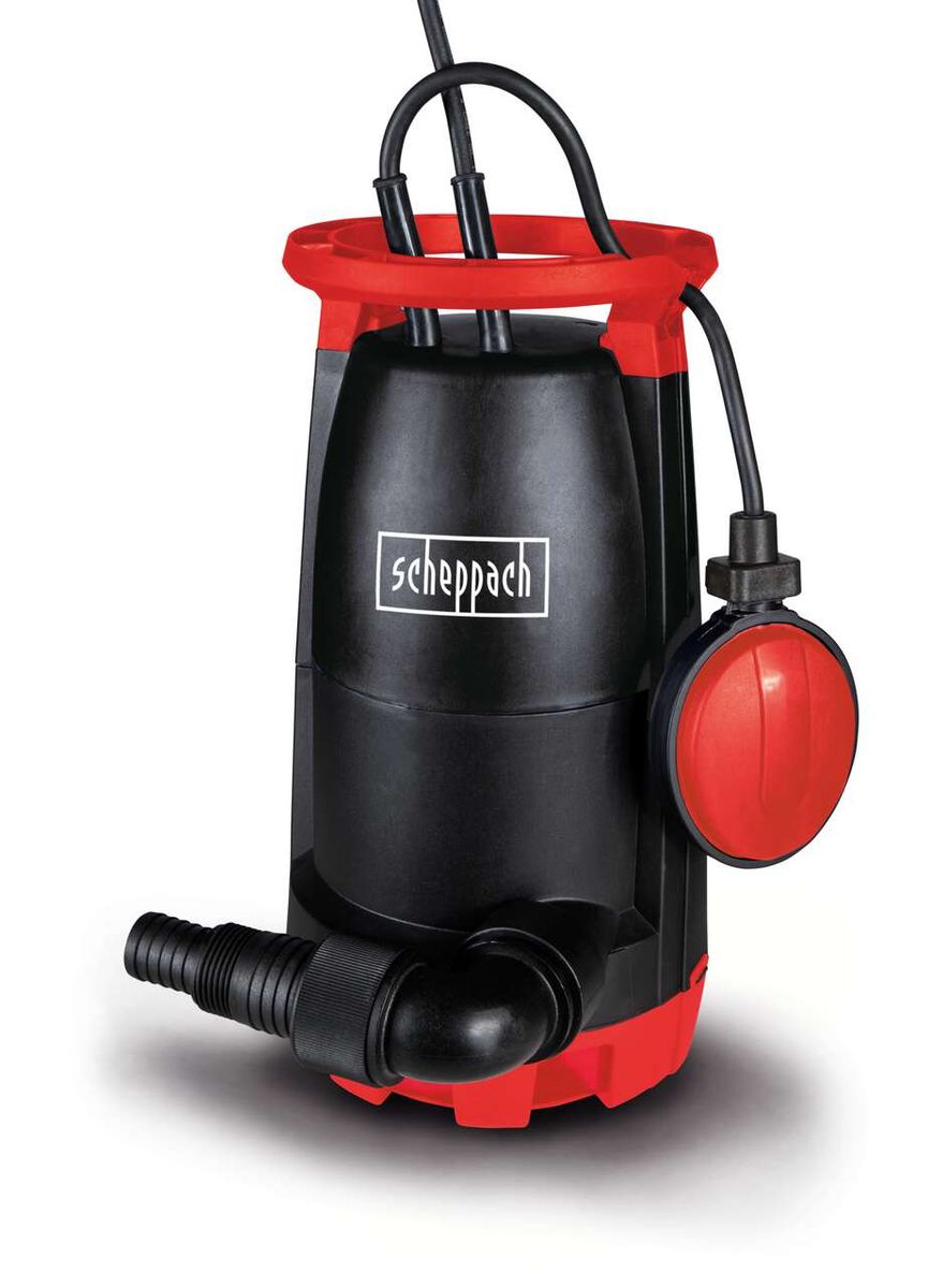 Kombitauchpumpe SWP750 von Scheppach, frontalansicht, mit Schlauchanschluss und Schwimmerschalter.