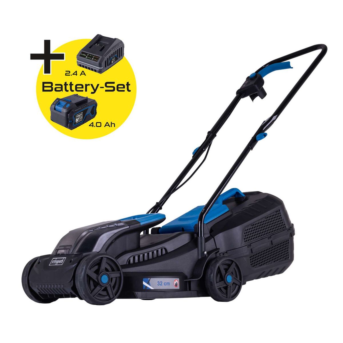Scheppach Akku-Rasenmäher mit 32 cm Schnittbreite, inkl. 4Ah Akku und 2,4A Ladegerät