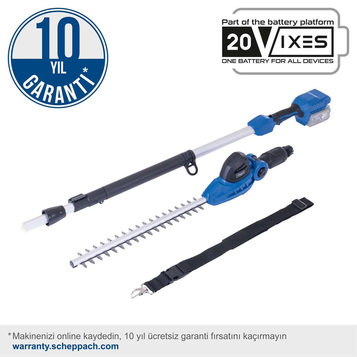 Akku-Teleskop-Heckenschere mit 10-jähriger Garantie. Teil des 20V-Batteriesystems. Online-Registrierung für Garantie erforderlich. Weitere Details unter warranty.scheppach.com.
