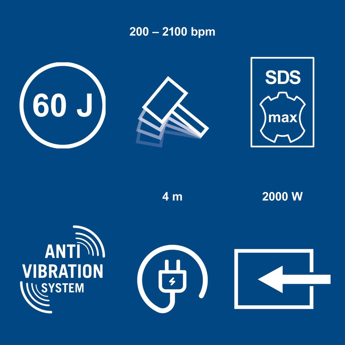 Wichtige Merkmale des Scheppach-Abruchhammers: Schlagenergie 60 Joule, Schlagfrequenz 2000 Watt, SDS-Max-Bit, Reichweite 4 Meter, Anti-Vibration-System, Elektrobetrieb, Rückwärtsfahrrichtung