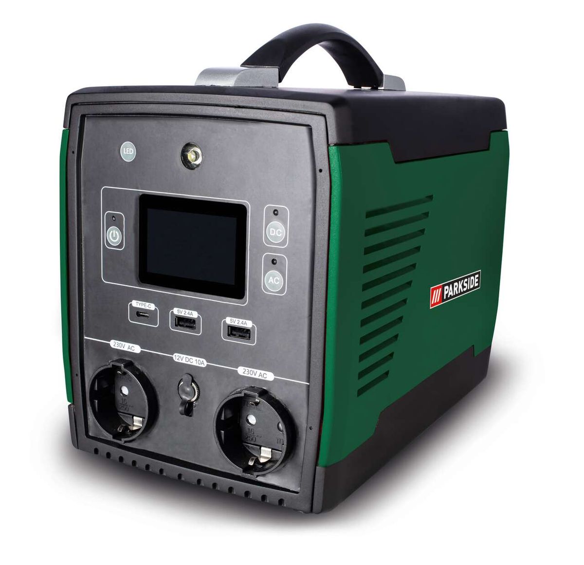 Powerstation PSGE 500 A1 Parkside LB1, Ansicht von vorne mit Display und Anschlüssen.