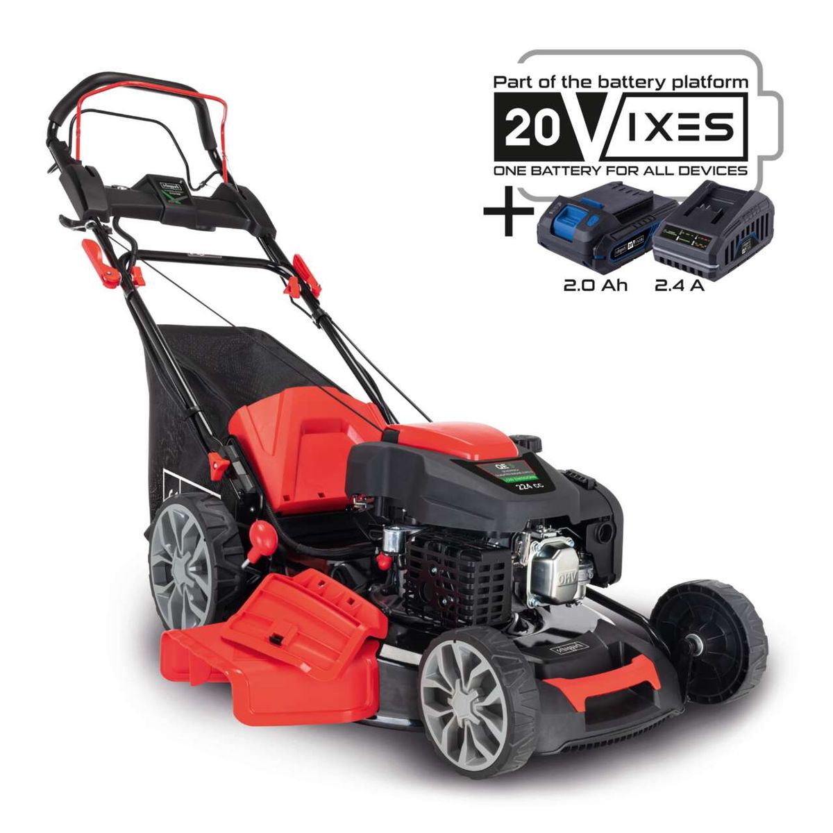 Scheppach-Rasenmäher MS225-56E mit E-Start und Radantrieb, 6 PS, 56 cm Schnittbreite, 65 Liter Fangkorb