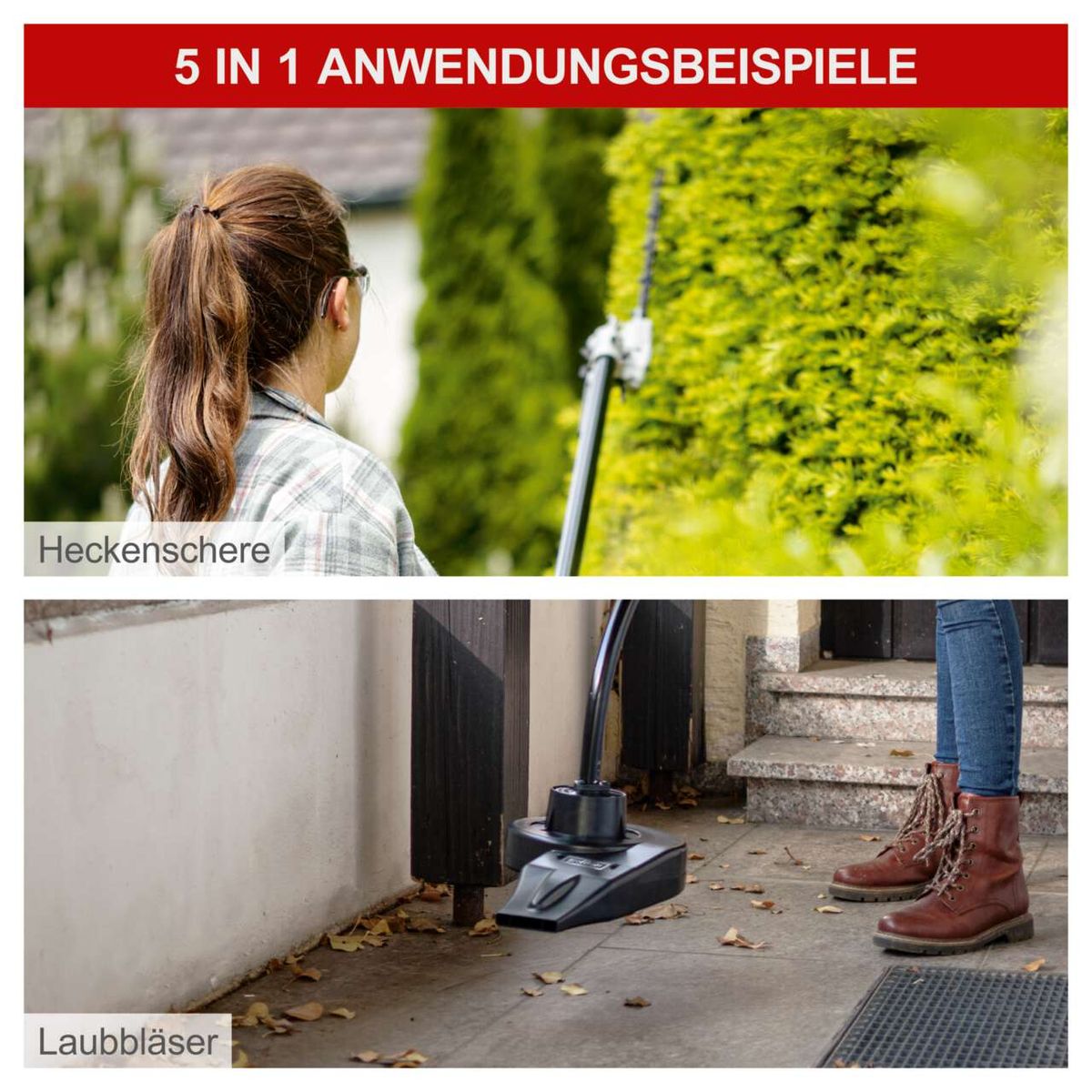 Multifunktionsgerät mit Heckenschere und Laubbläser-Funktion, wie im Einsatz gezeigt