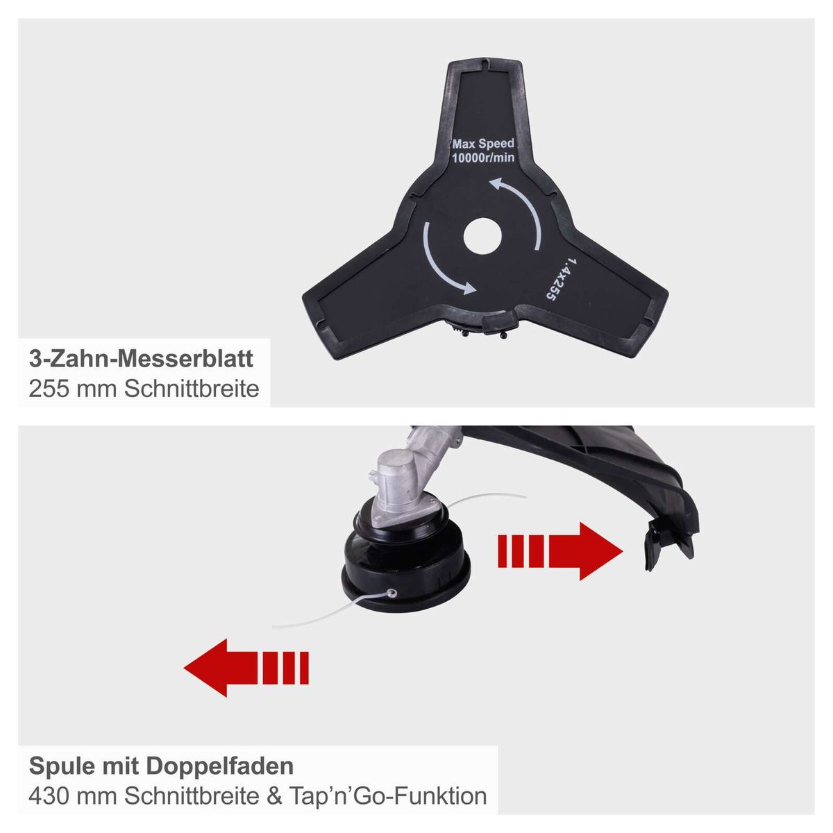 Das 3-Zahn-Messerblatt hat eine Schnittbreite von 255 mm. Die Spule mit Doppelfaden bietet eine Schnittbreite von 430 mm und eine Tap’n’Go-Funktion. Die maximale Drehzahl beträgt 10000 U/min.